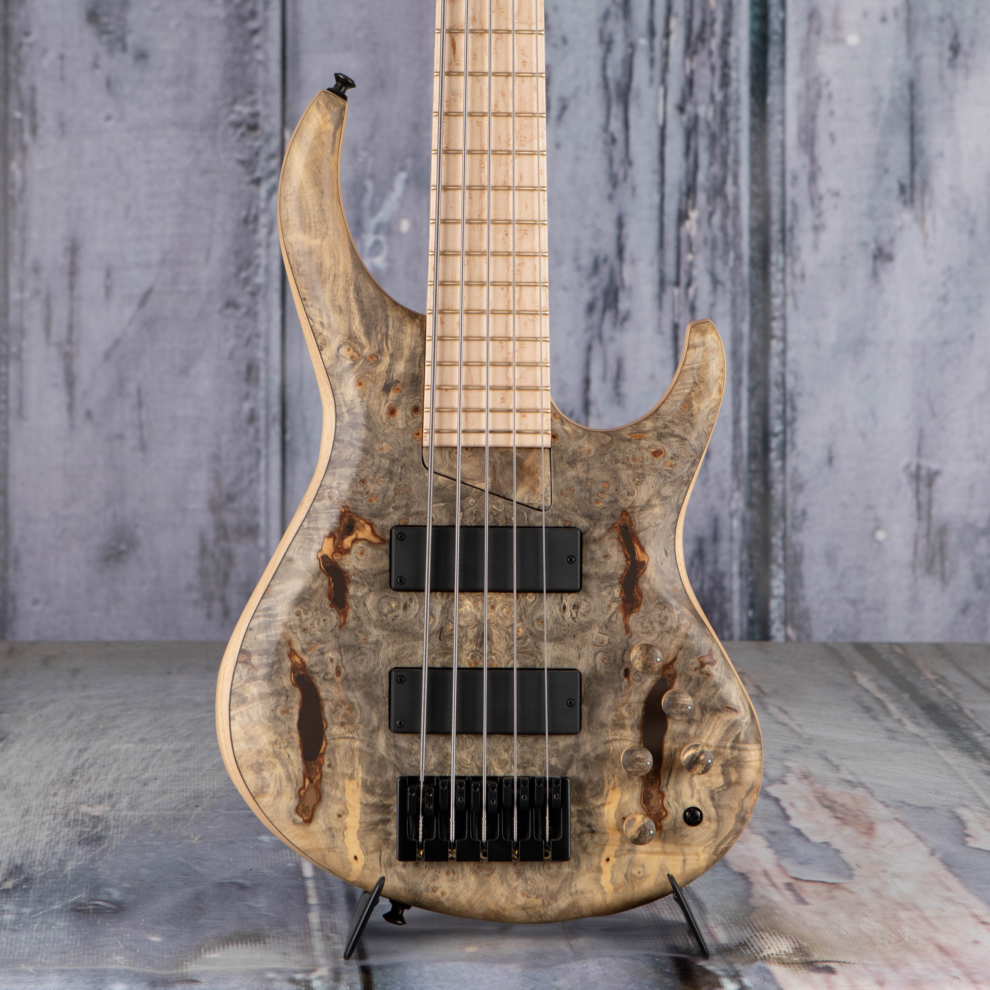 MTD 535-24 Ash 5-String Electric Bass Guitar, Buck Eye Burl, front closeup