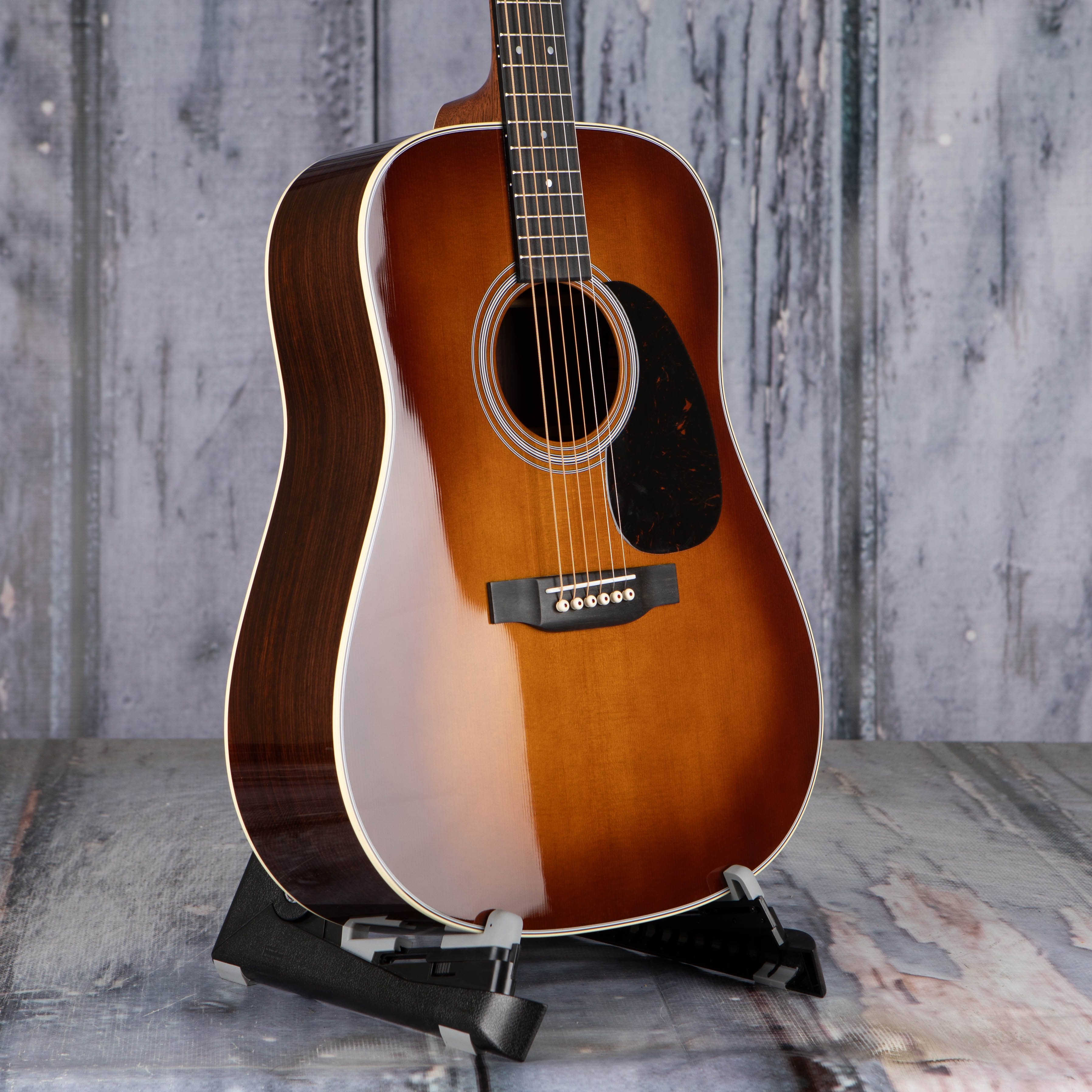 Martin D-28 Acoustic Guitar, Ambertone, angle