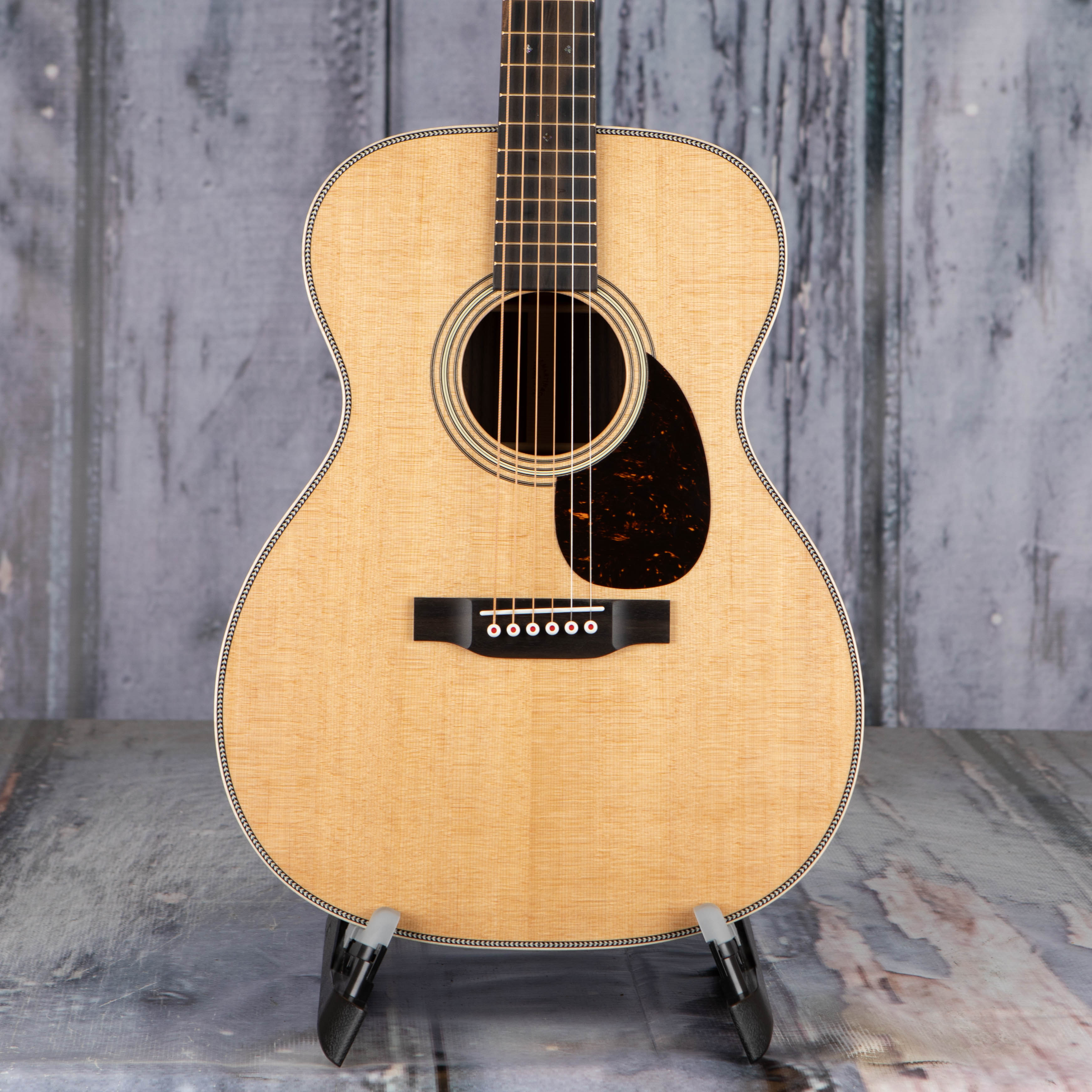 Martin OM-28 Modern Deluxe Acoustic Guitar, Natural, front closeup