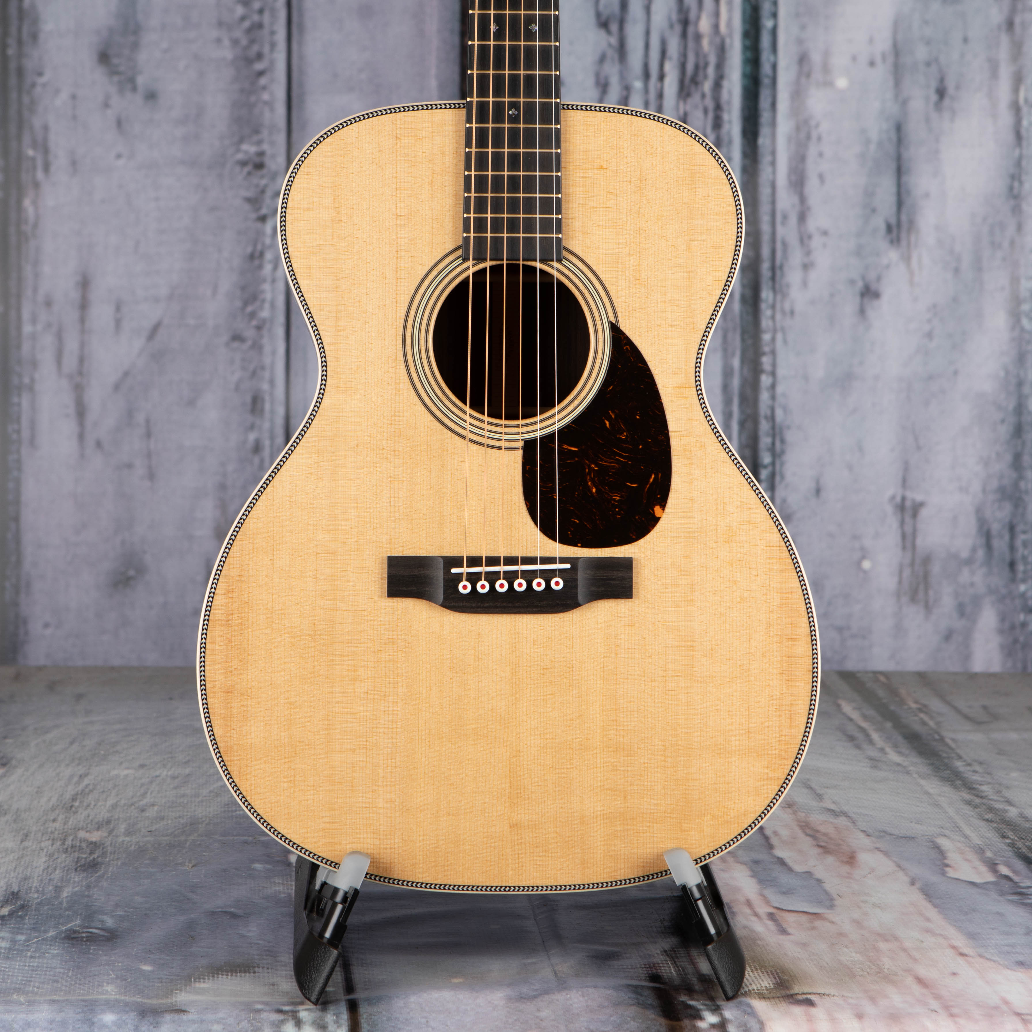 Martin OM-28 Modern Deluxe Acoustic Guitar, Natural, front closeup