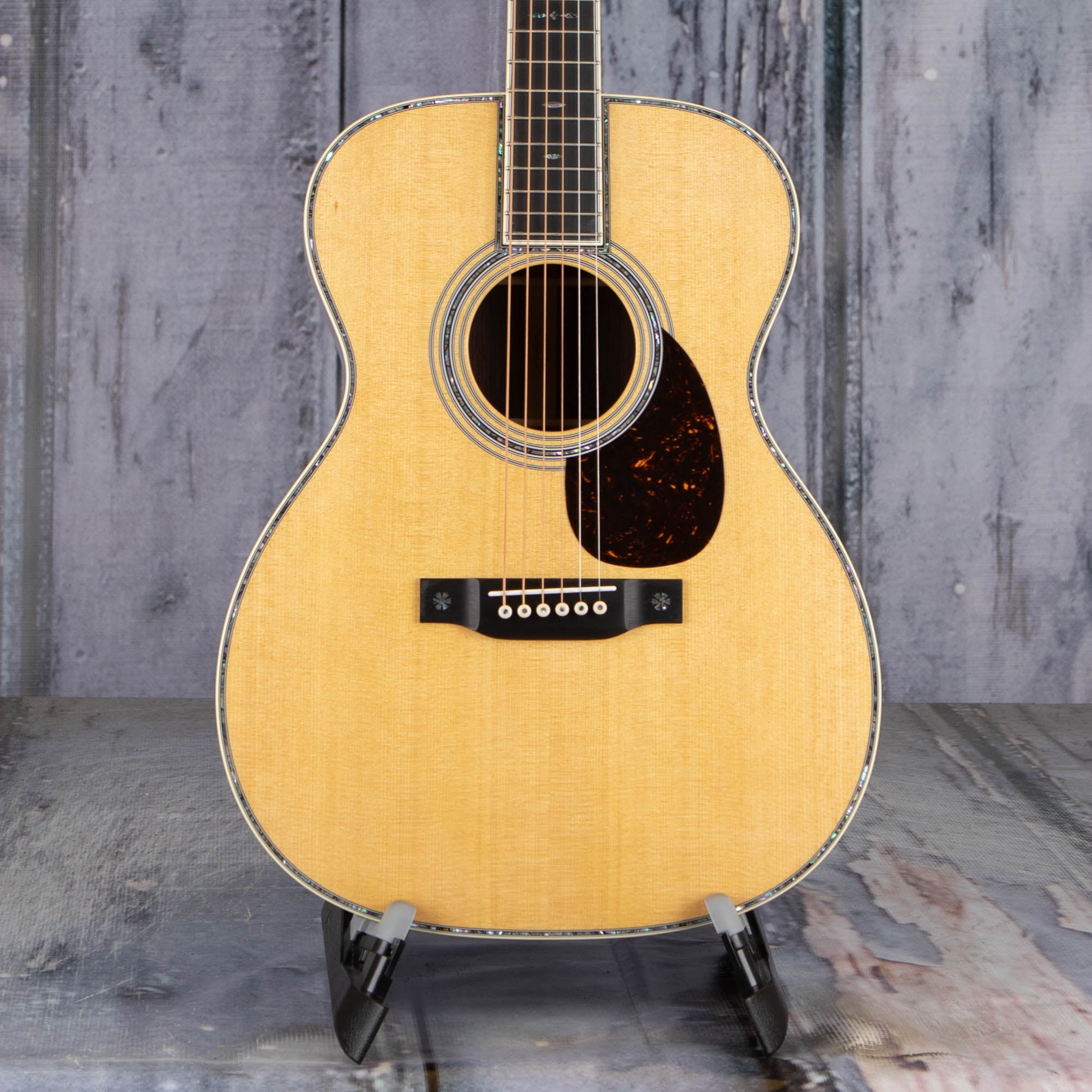 Martin OM-42 Acoustic Guitar, Natural, front closeup