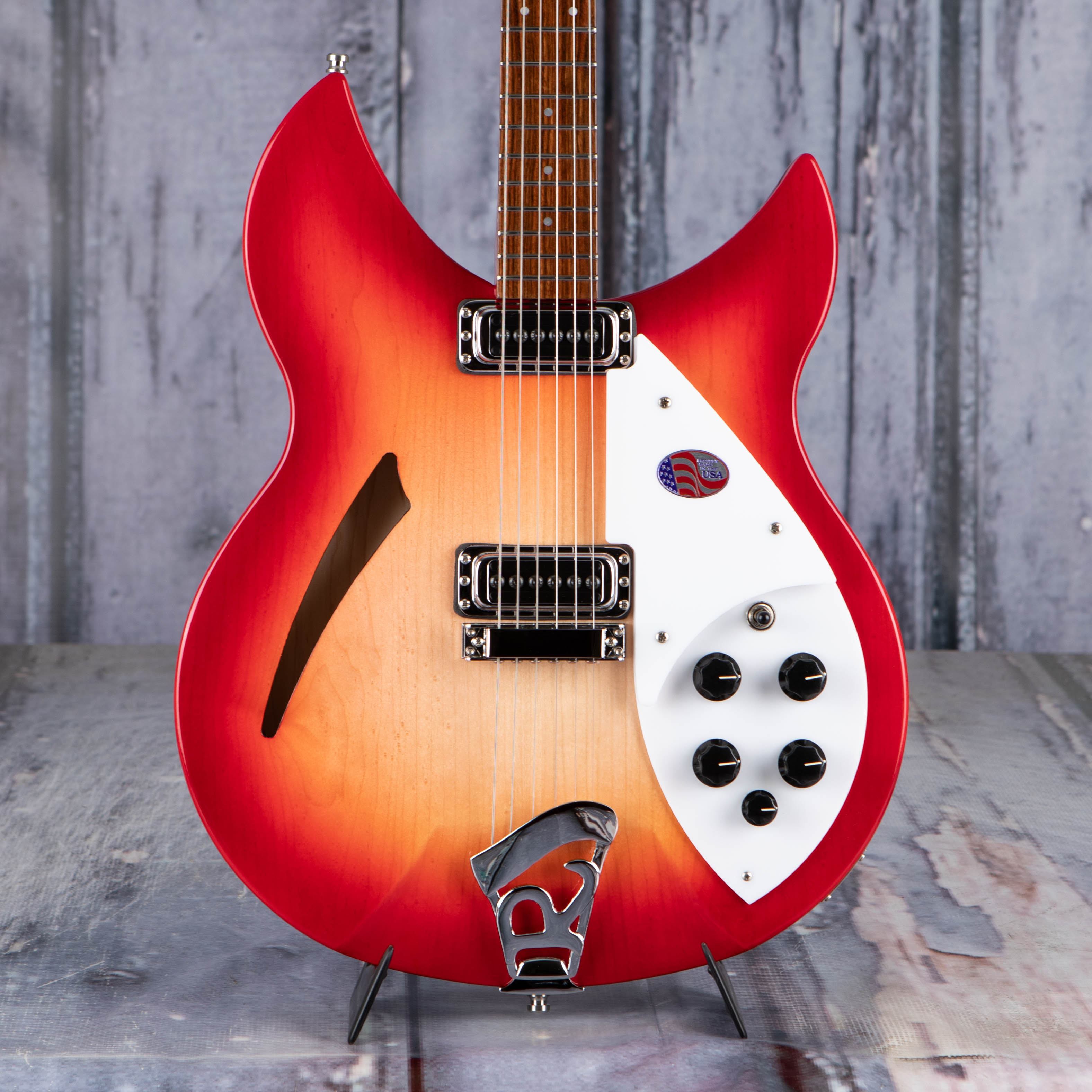 Rickenbacker 330/6FG Thinline Semi-Hollowbody Guitar, Fireglo, front closeup