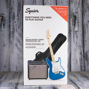 Squier Affinity Series Stratocaster HSS Guitar & Amplifier Pack, Lake Placid Blue, box