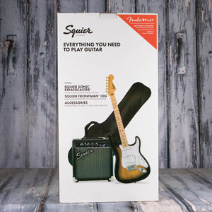 Squier Sonic Stratocaster Guitar & Amplifier Pack, 2-Color Sunburst, box