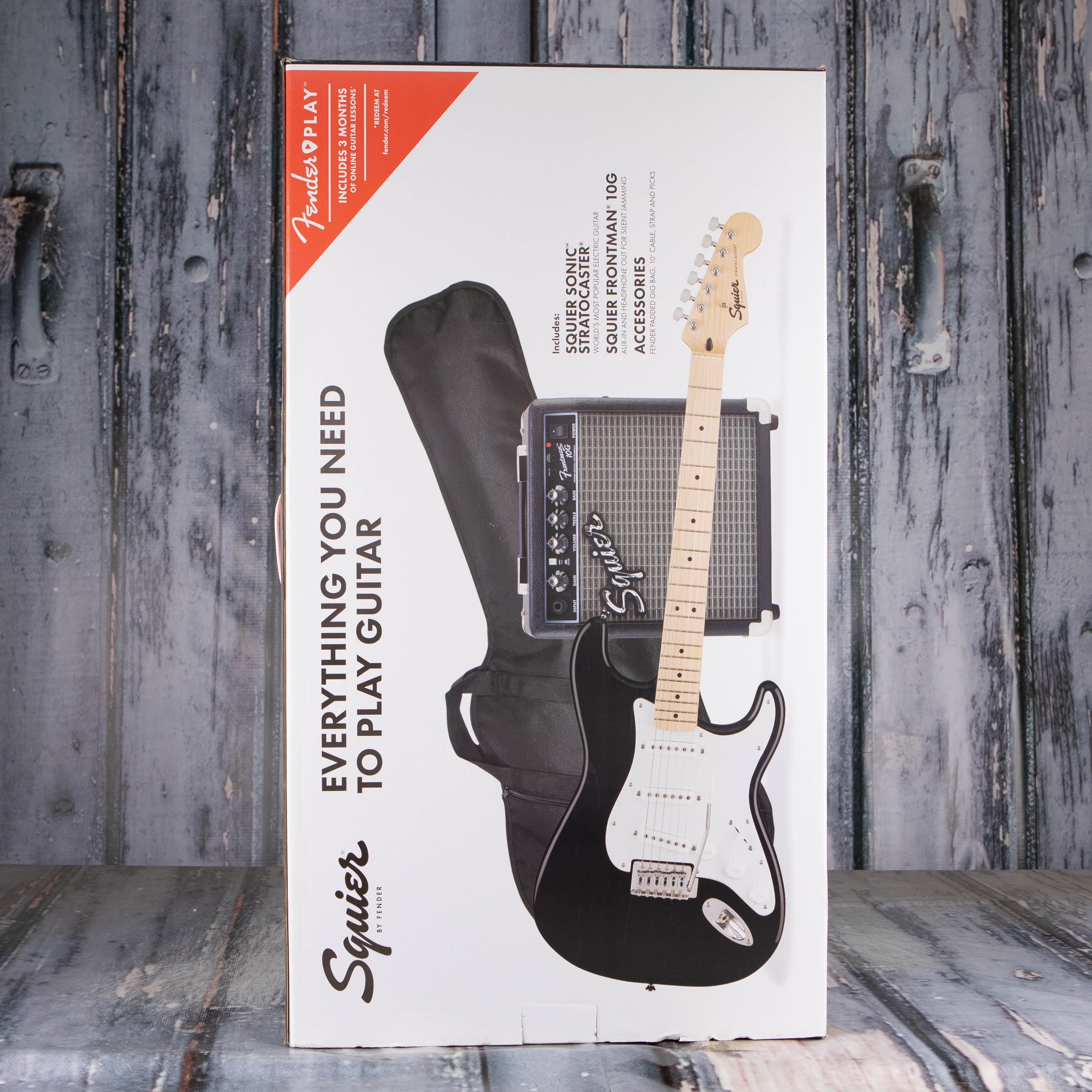 Squier Sonic Stratocaster Guitar & Amplifier Pack, Black, box