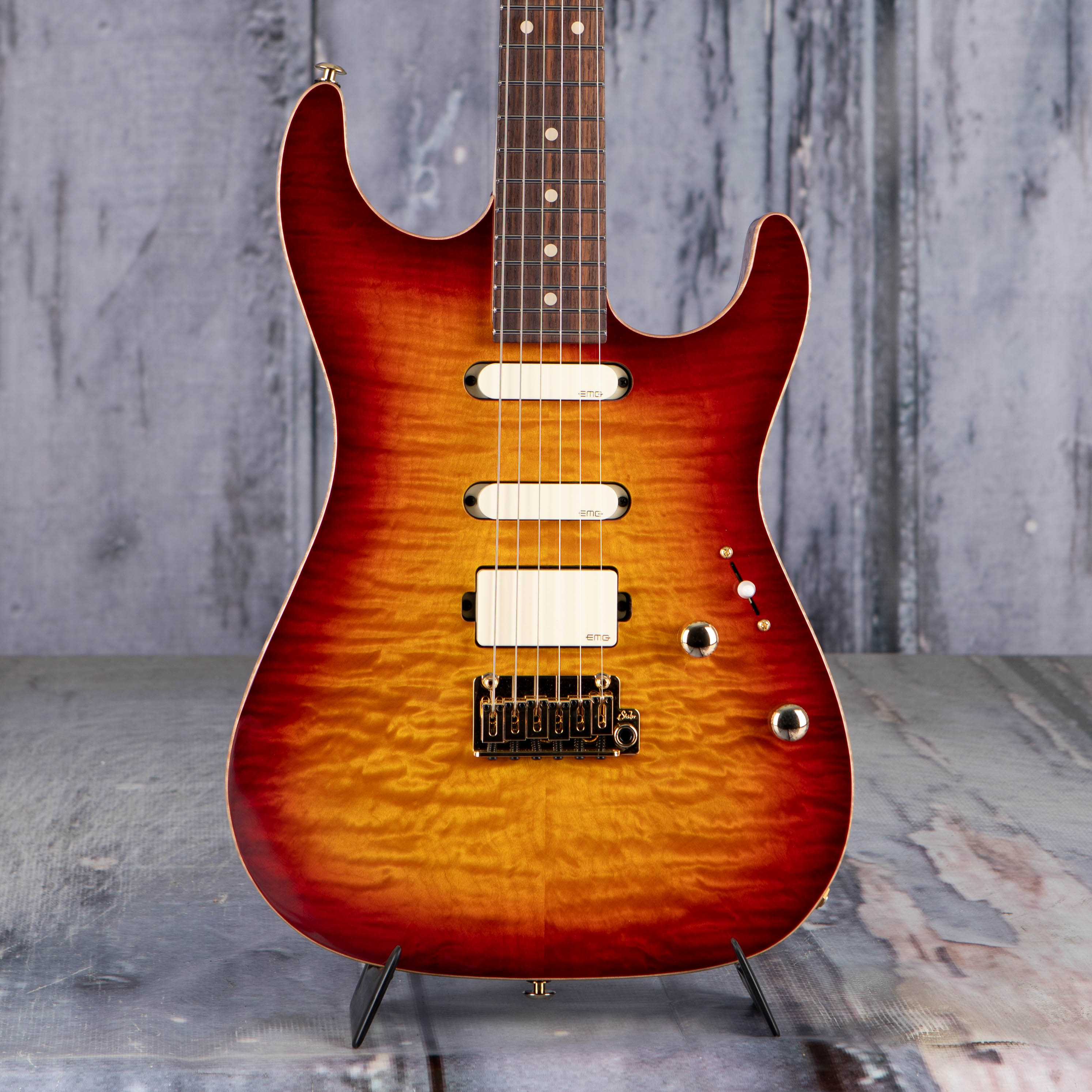 Suhr Limited Edition Standard Legacy Electric Guitar, Aged Cherry Burst, front closeup