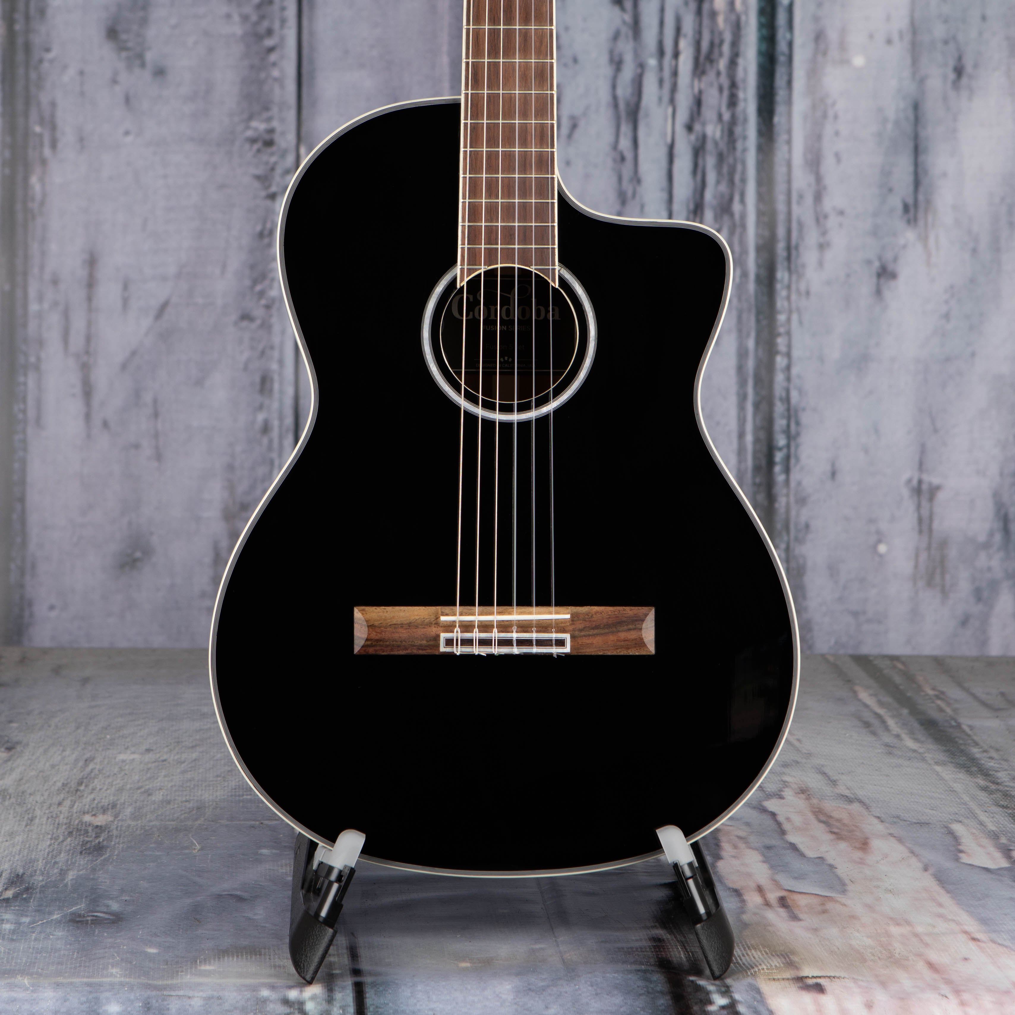 Used Cordoba Fusion 5 Jet Classical Acoustic/Electric Guitar, Black, front closeup