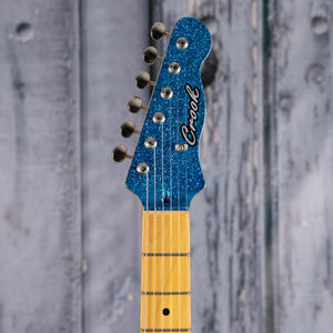 Used Crook Water T-Style Electric Guitar, Blue Sparkle, front headstock