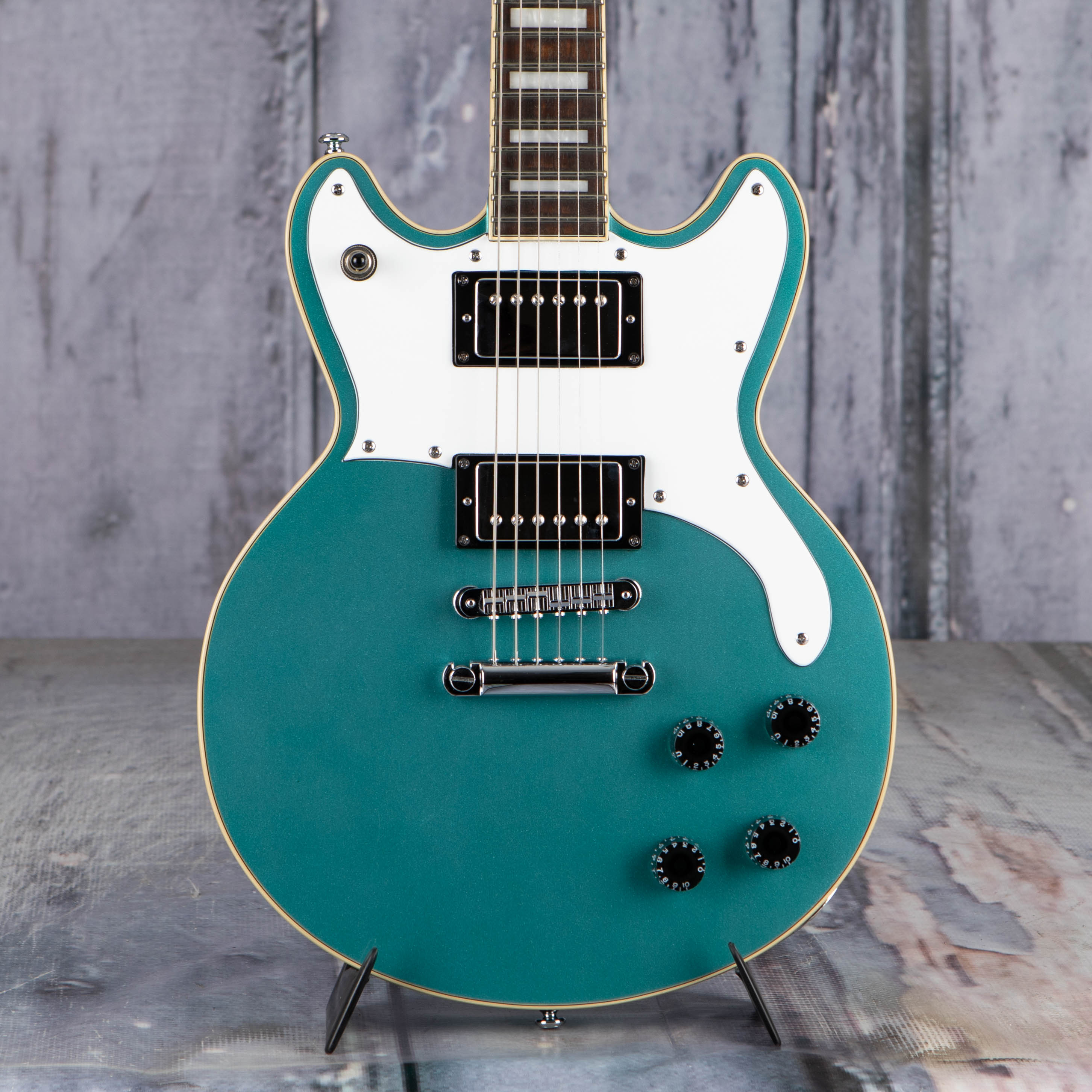 Used D'Angelico Premier Brighton Electric Guitar, Sky Blue, front closeup