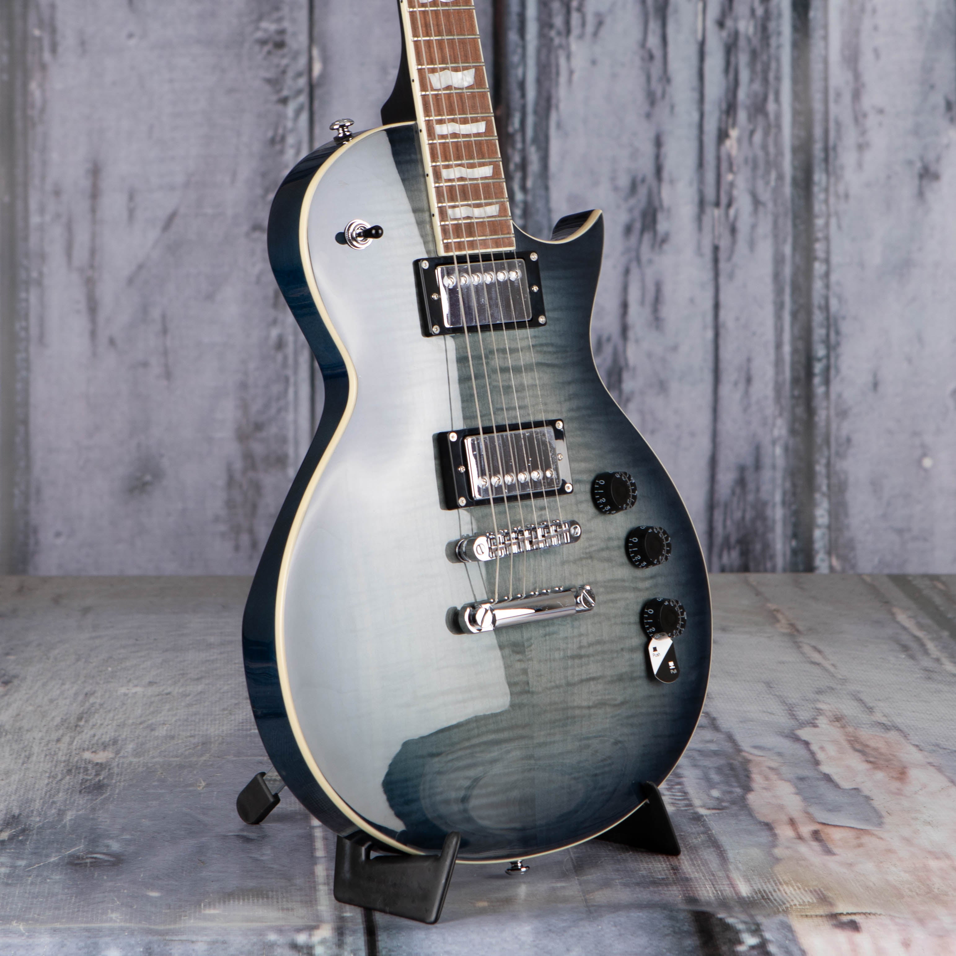 Used ESP LTD EC-256FM Electric Guitar, See Thru Cobalt Blue, angle