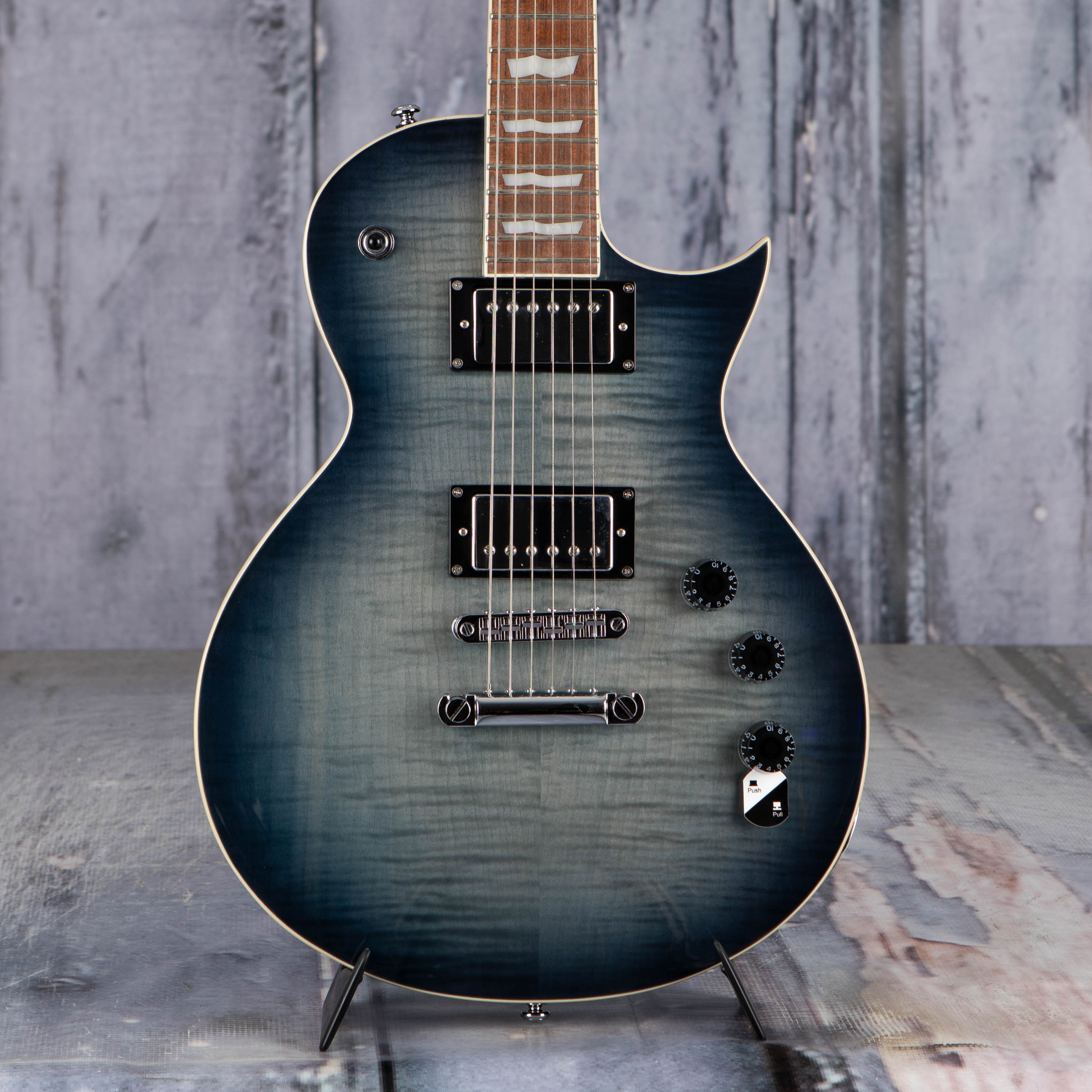 Used ESP LTD EC-256FM Electric Guitar, See Thru Cobalt Blue, front closeup