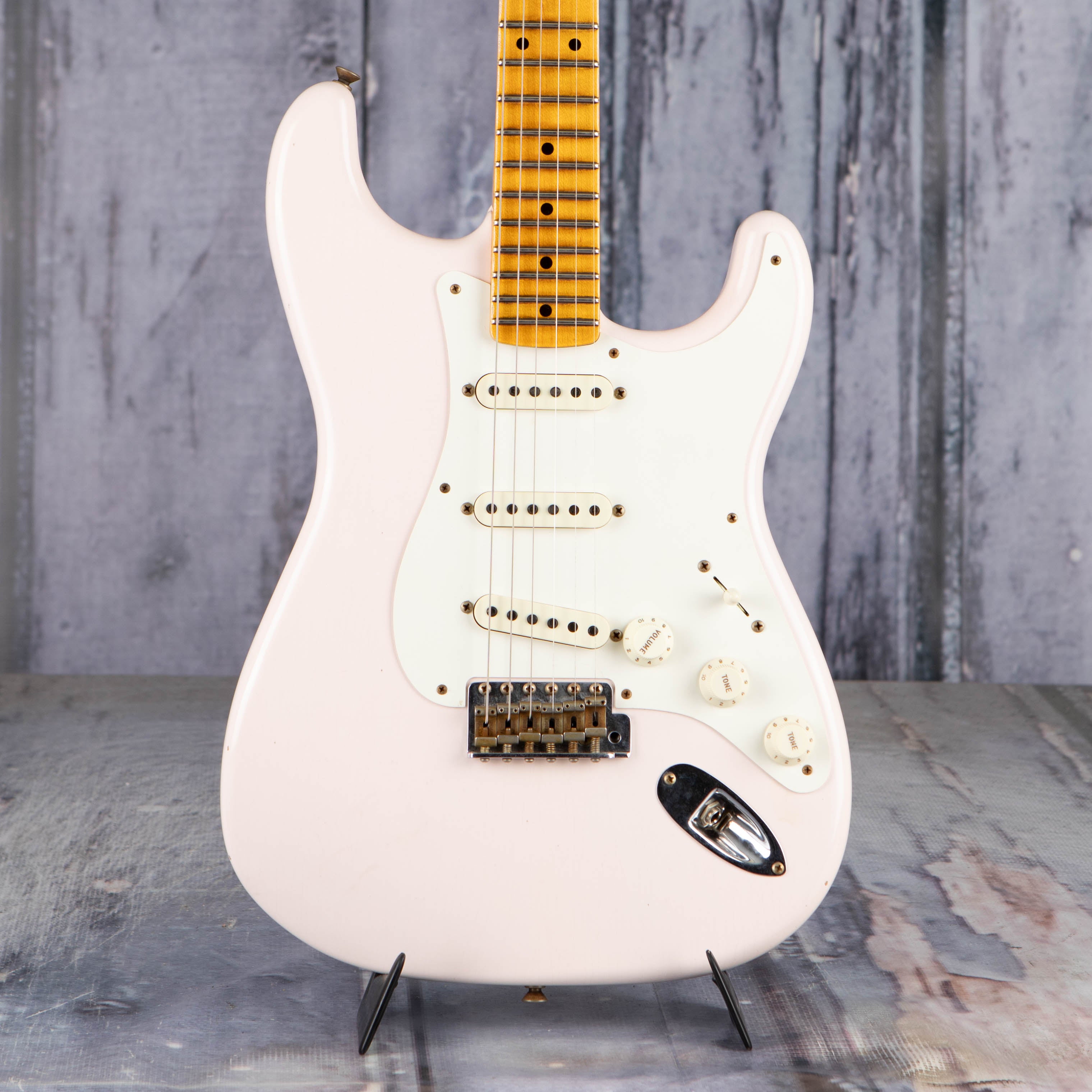 Used Fender Custom Shop Limited 1956 Stratocaster Journeyman Relic Electric Guitar, Super Faded Aged Shell Pink, front closeup