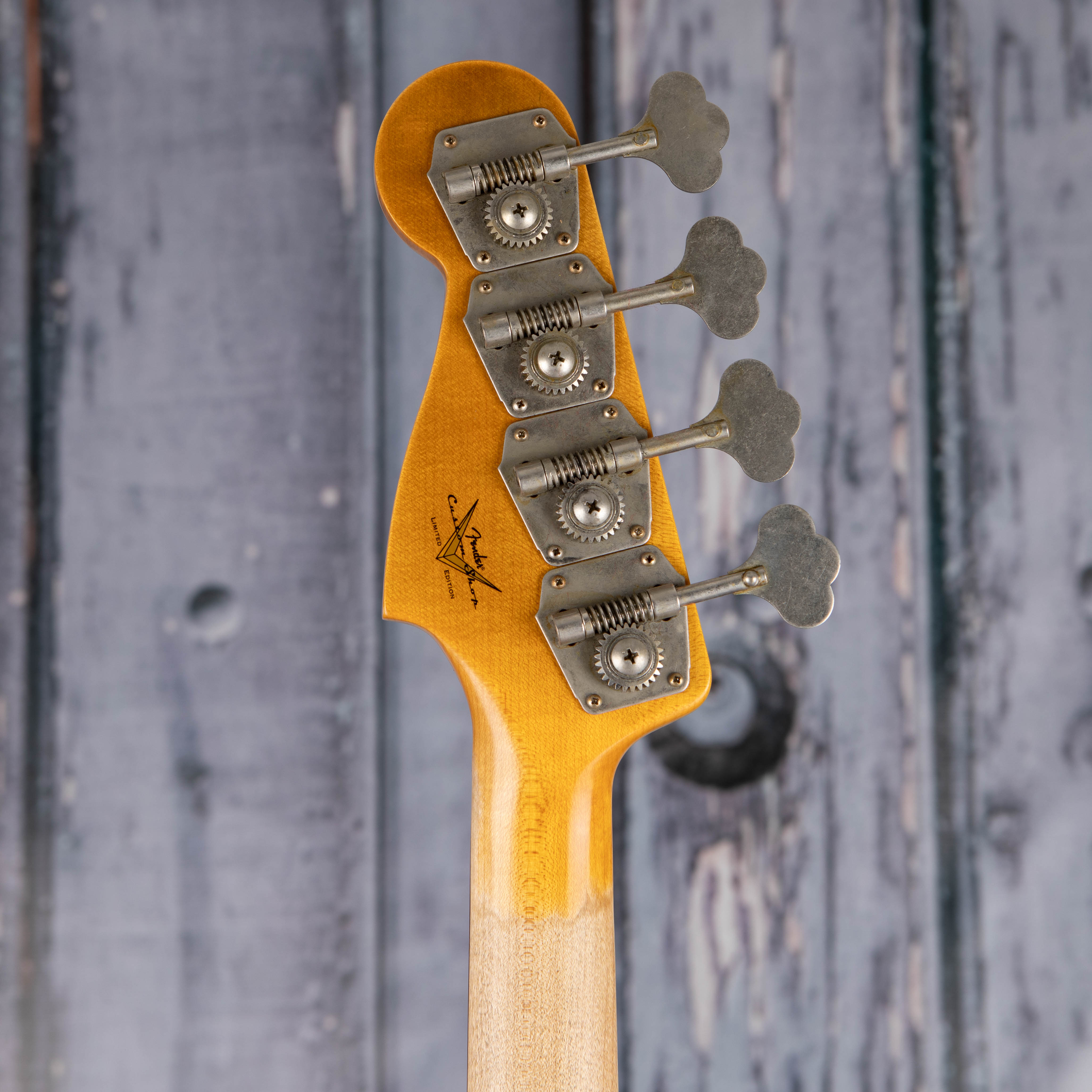 Used Fender Custom Shop Limited 1959 Precision Bass Journeyman Relic Electric Bass Guitar, 2023, Chocolate 3-Tone Sunburst, back headstock