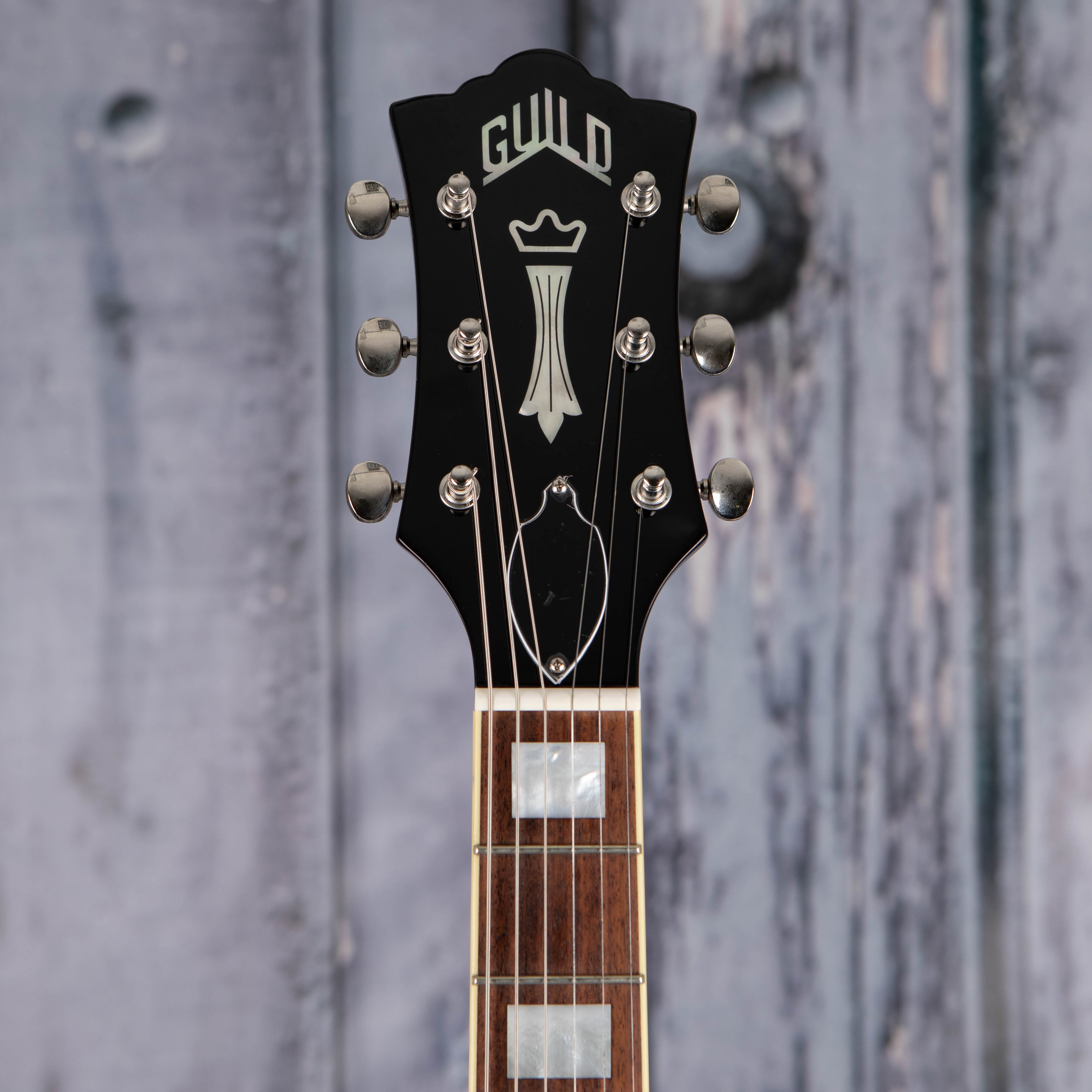 Used Guild Bluesbird Electric Guitar, Black, front headstock