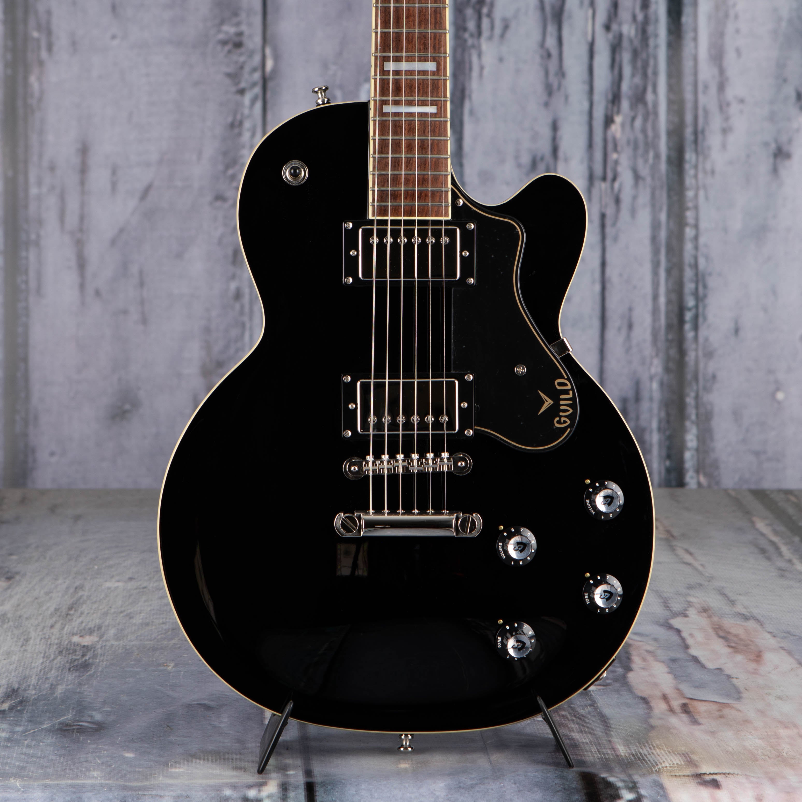 Used Guild Bluesbird Electric Guitar, Black, front closeup