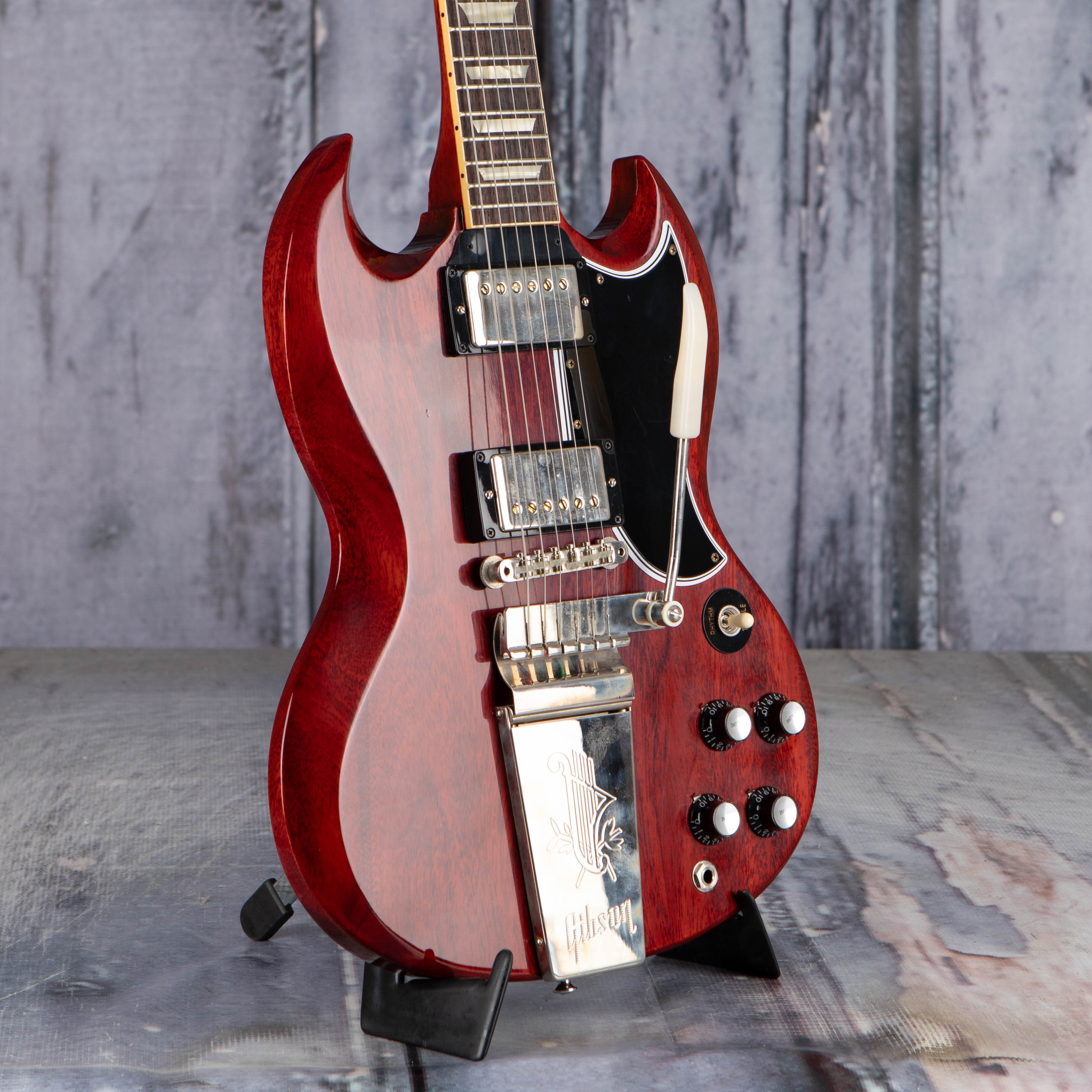 Used Gibson Custom Shop 1964 SG Standard Reissue W/ Maestro Vibrola VOS Electric Guitar, Cherry Red, angle