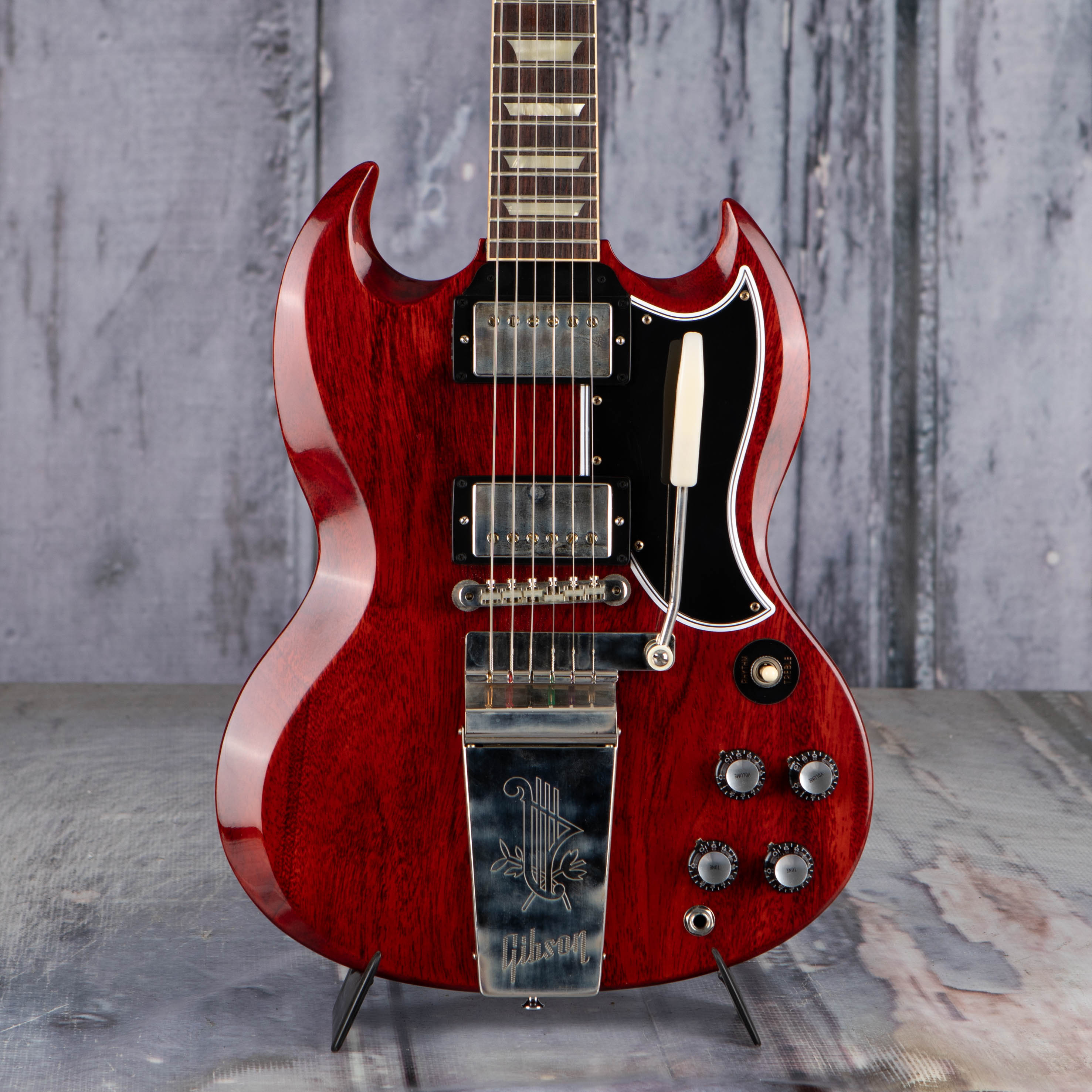 Used Gibson Custom Shop 1964 SG Standard Reissue W/ Maestro Vibrola VOS Electric Guitar, Cherry Red, front closeup