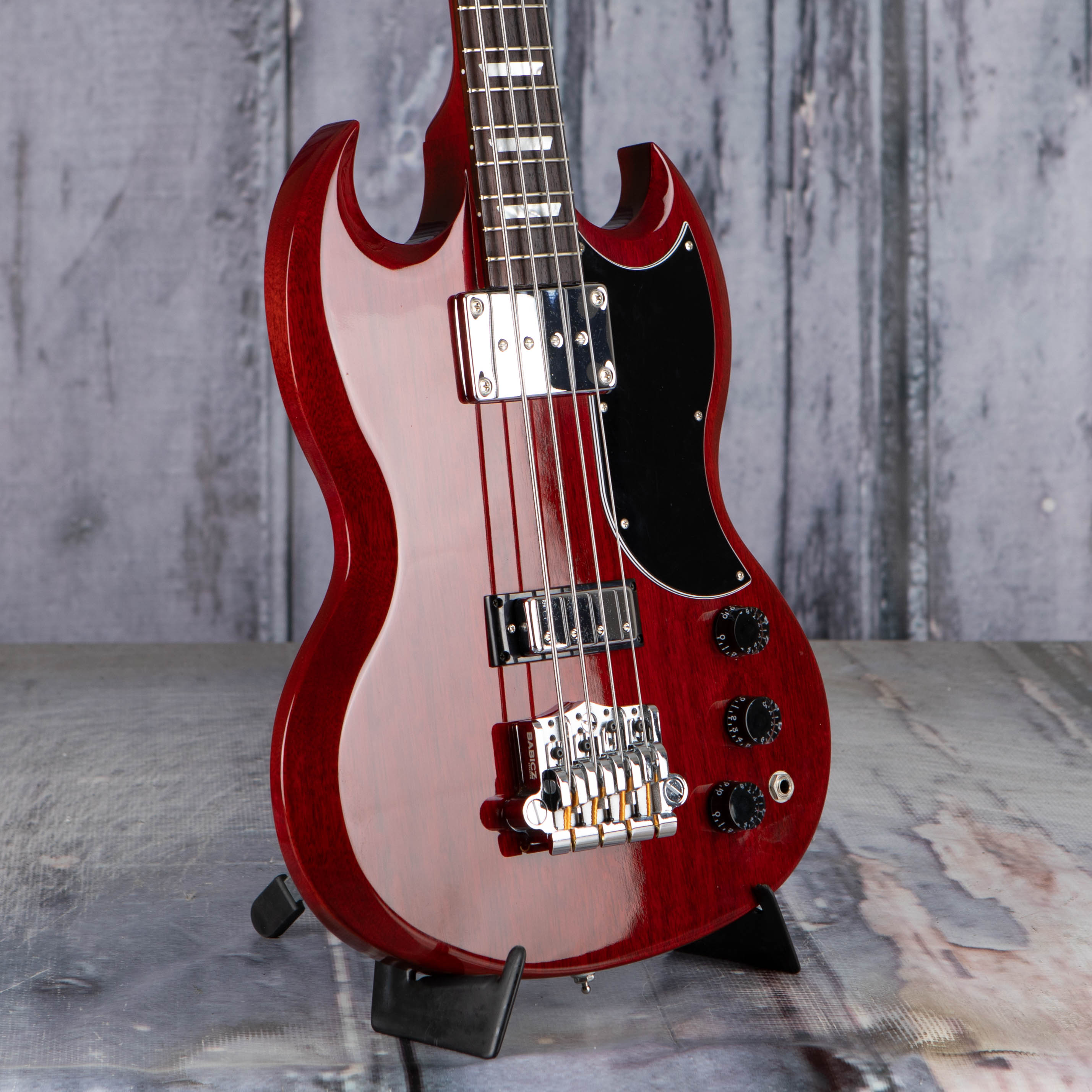 Used Gibson SG Standard Electric Bass Guitar, 2015, Cherry Red, angle