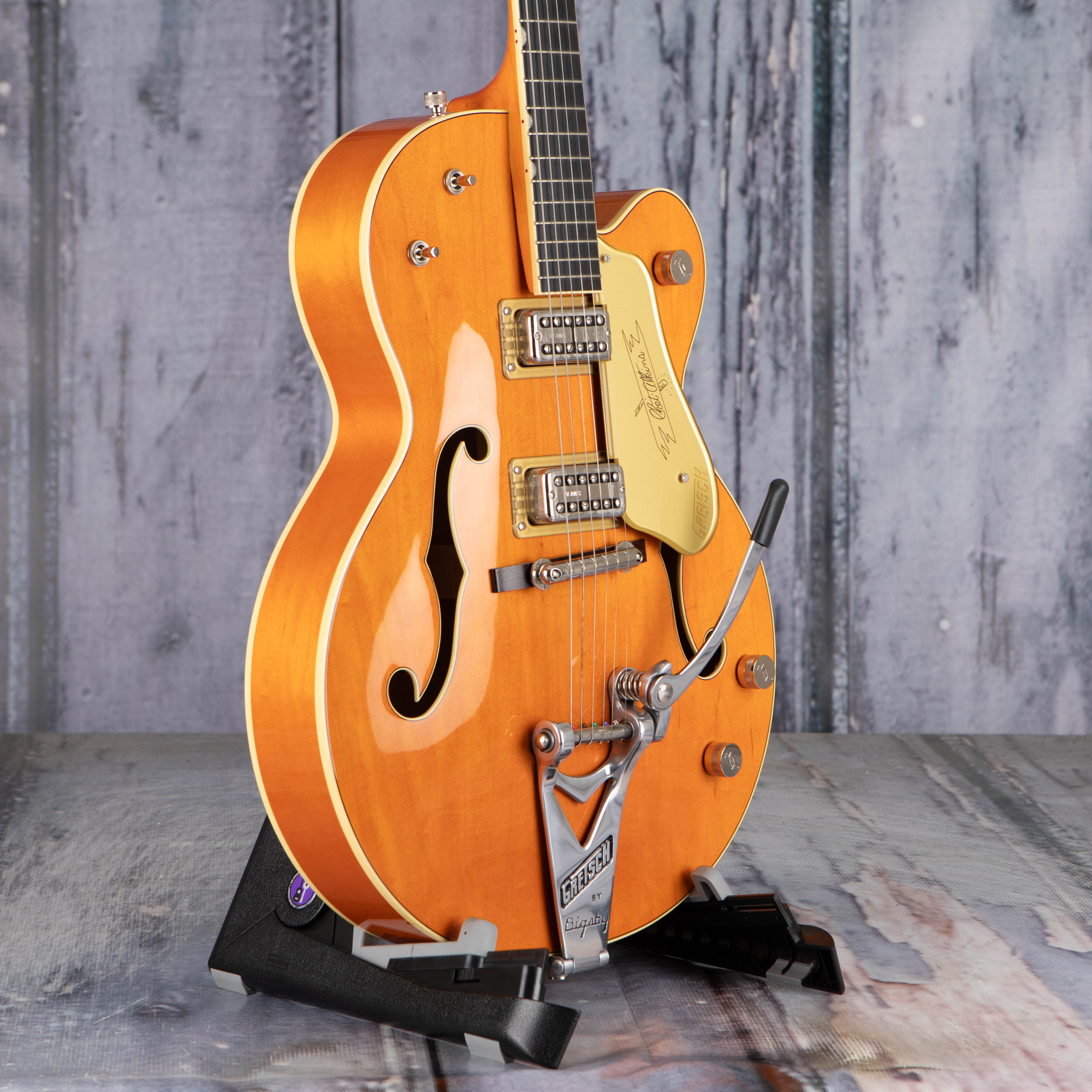 Used Gretsch G6120T-59 Vintage Select Edition '59 Chet Atkins Hollowbody W/ Bigsby Guitar, Vintage Orange Stain Lacquer, angle