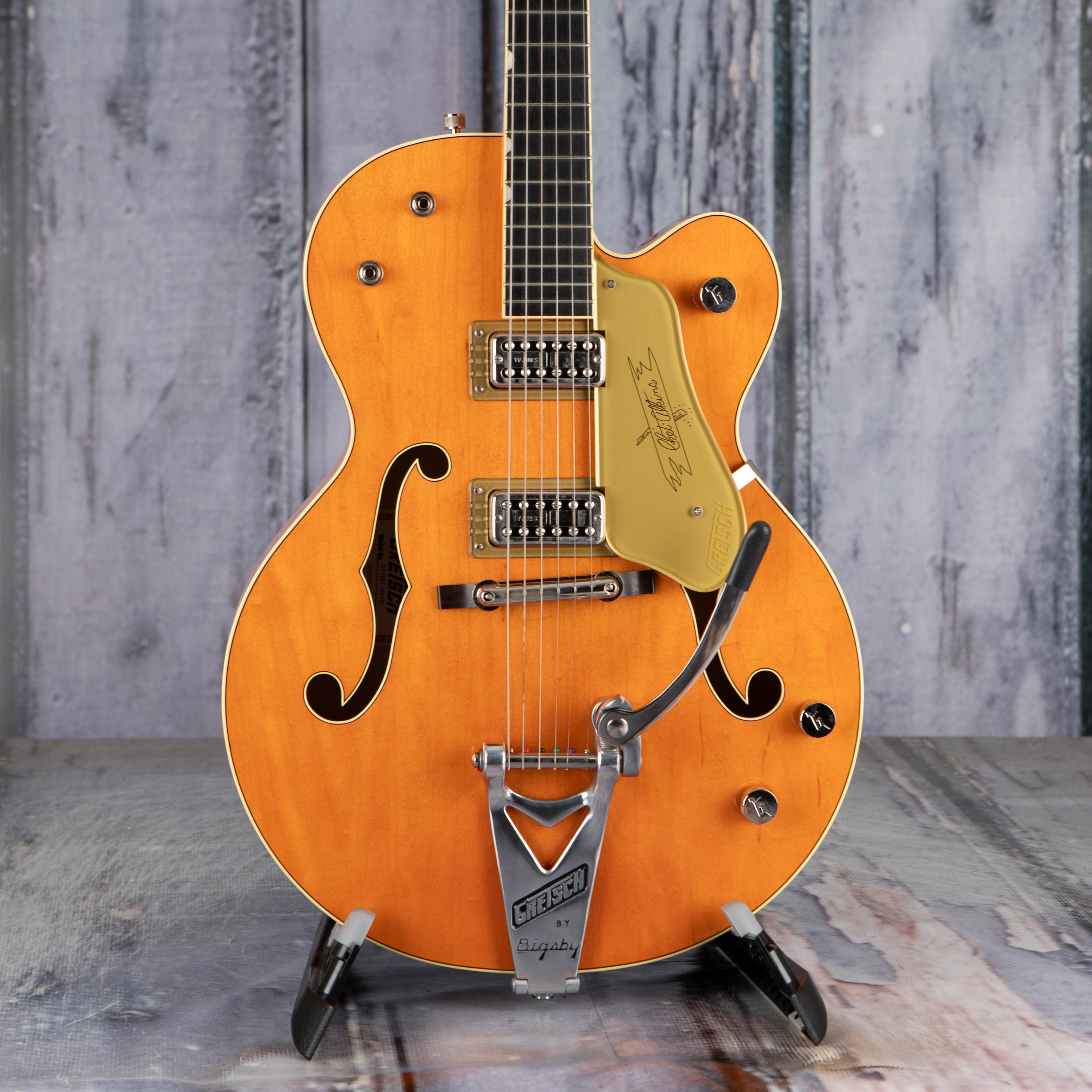 Used Gretsch G6120T-59 Vintage Select Edition '59 Chet Atkins Hollowbody W/ Bigsby Guitar, Vintage Orange Stain Lacquer, front closeup