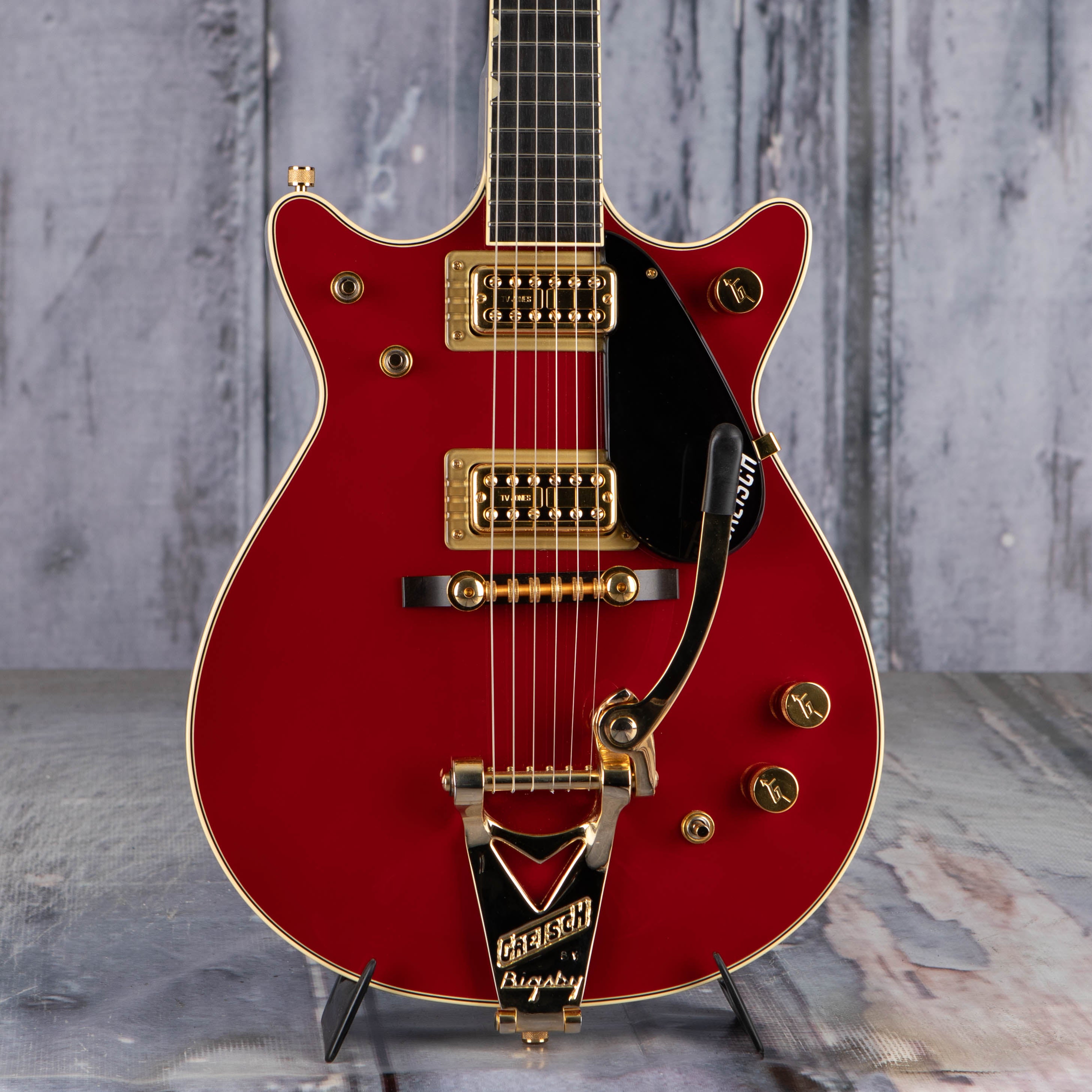 Used Gretsch G6131T-62 Vintage Select '62 Jet W/ Bigsby Electric Guitar, 2018, Vintage Firebird Red, front closeup