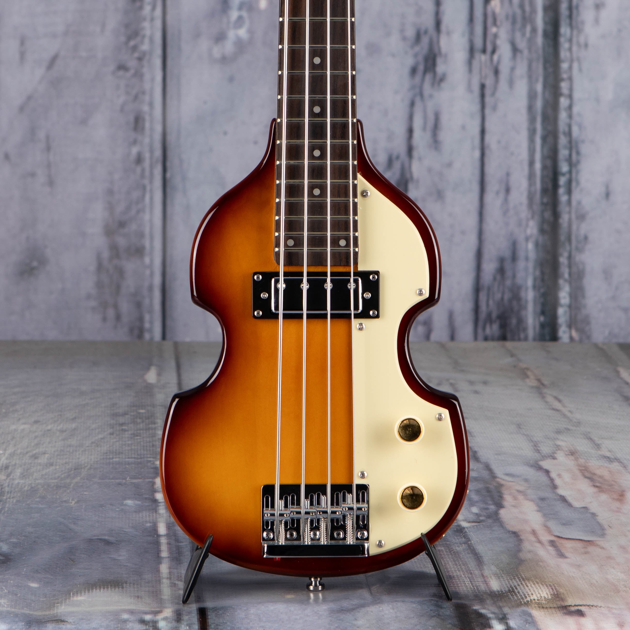 Used Hofner Shorty Violin Electric Bass Guitar, Sunburst, front closeup