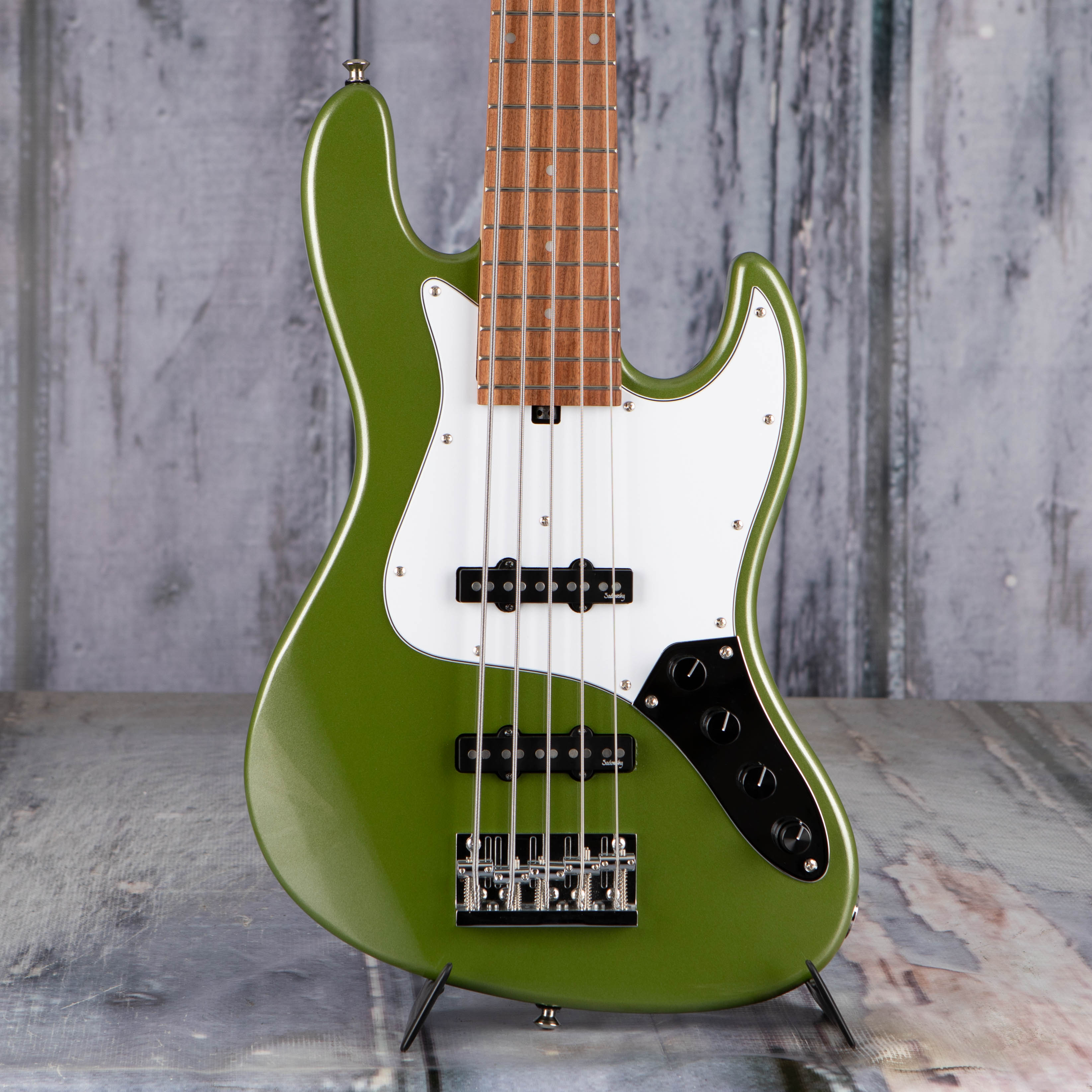 Used Sadowsky MetroExpress 5-String Electric Bass Guitar, Solid Sage Green, front closeup