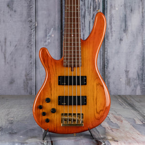 Used Yamaha TRB-5IIL Left-Handed 5-String Electric Bass Guitar, Honeyburst, front closeup