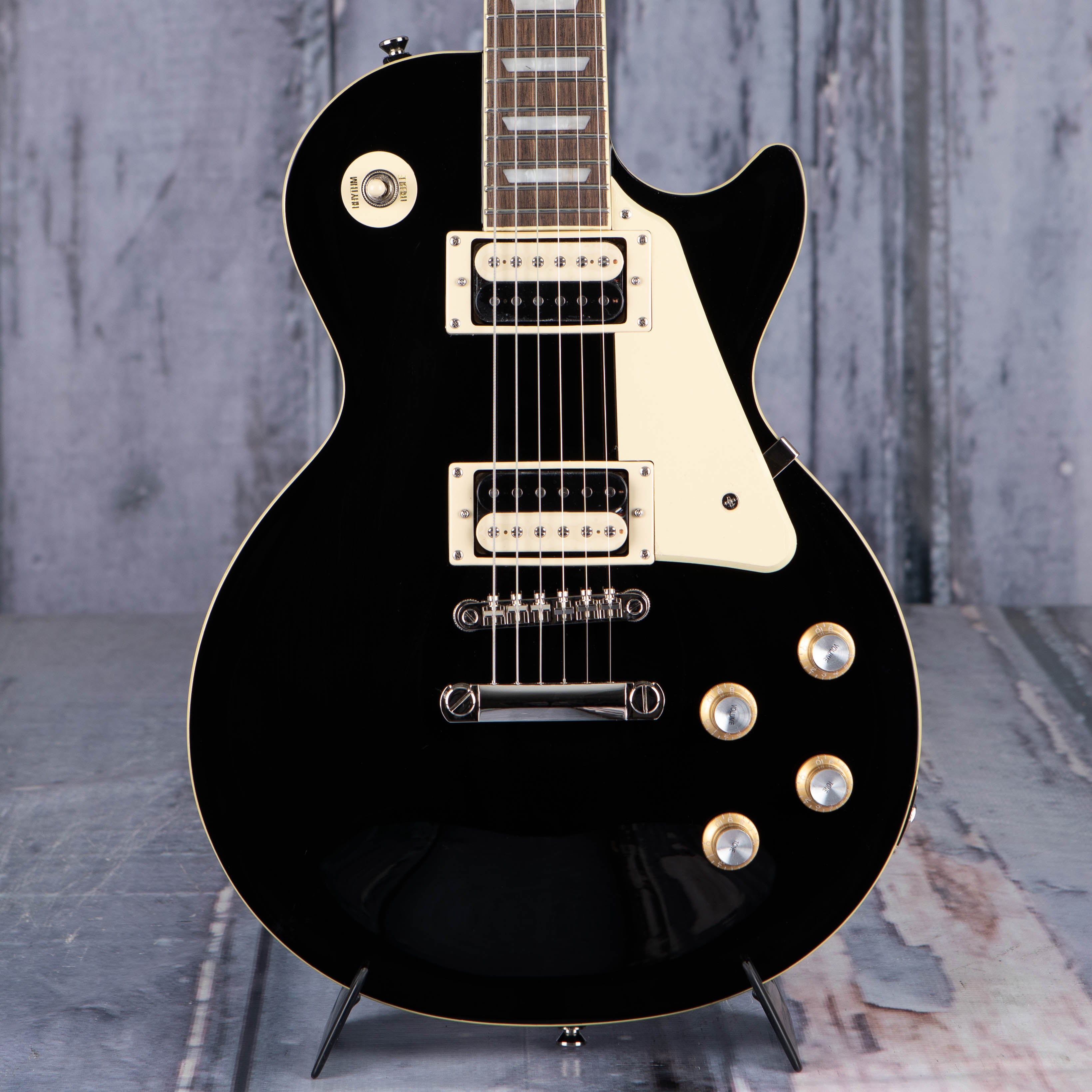 Epiphone Les Paul Classic Electric Guitar, Ebony, front closeup