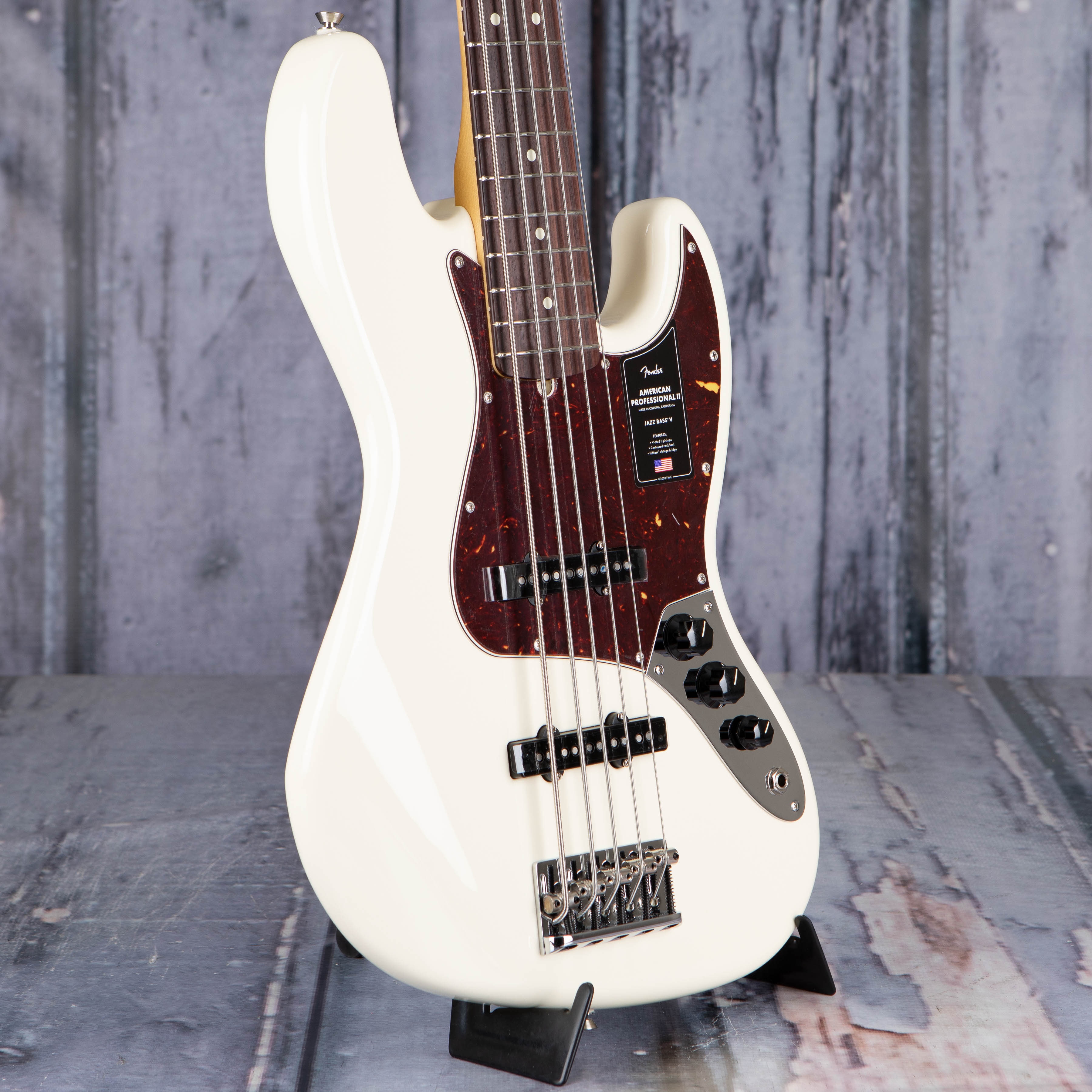 Fender American Professional II Jazz Bass V 5-String Guitar, Olympic White, angle