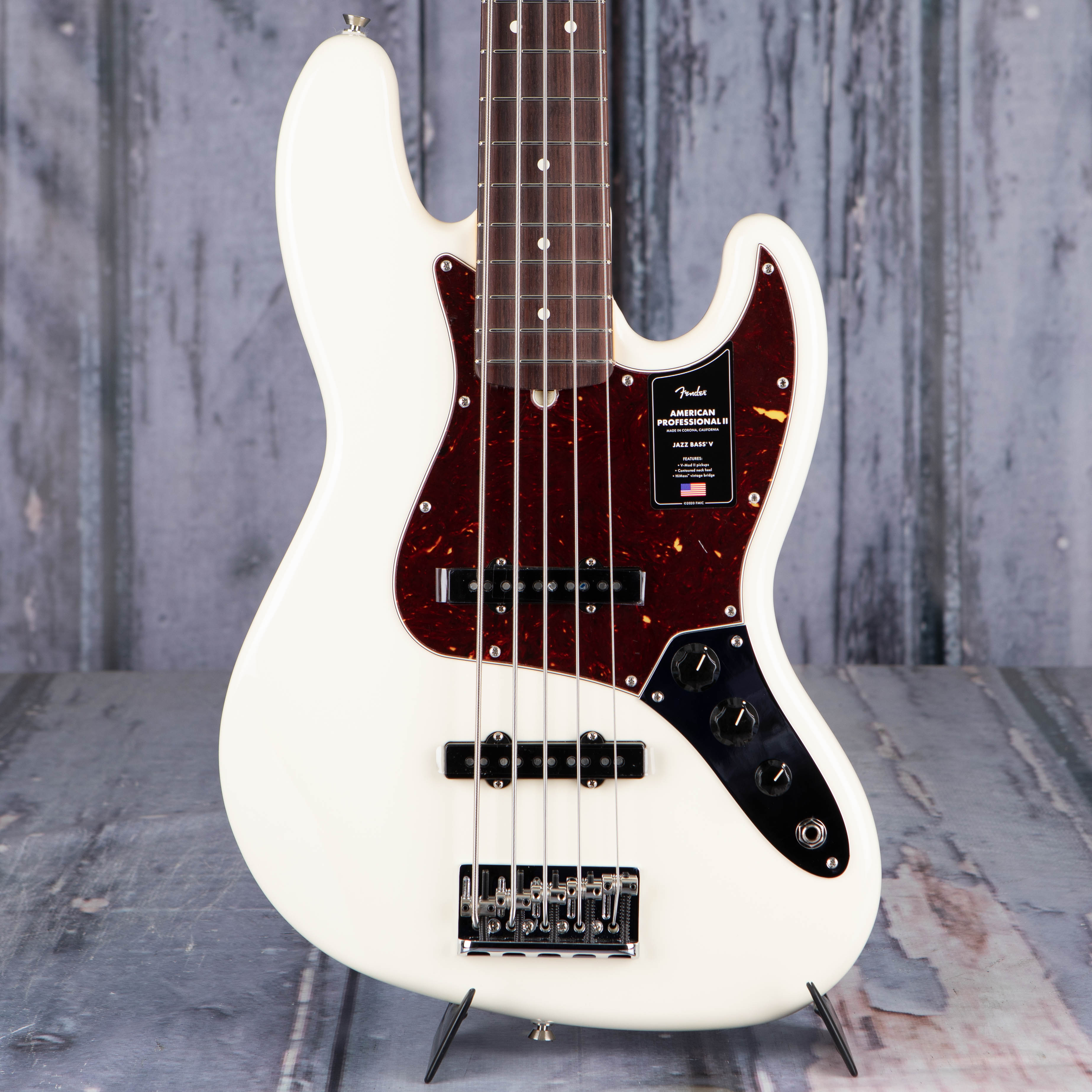 Fender American Professional II Jazz Bass V 5-String Guitar, Olympic White, front closeup