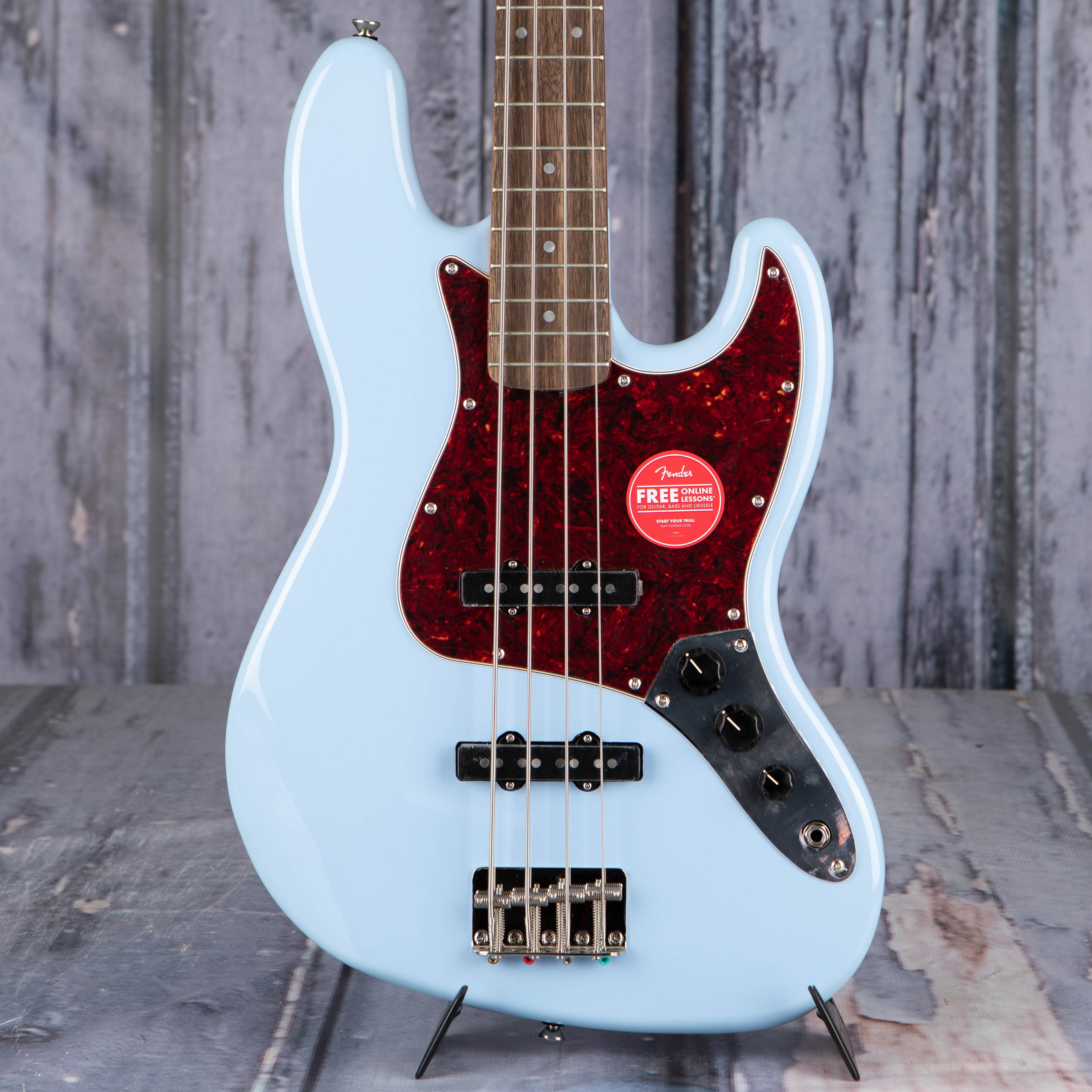 Squier Classic Vibe '60s Jazz Bass Guitar, Daphne Blue, front closeup